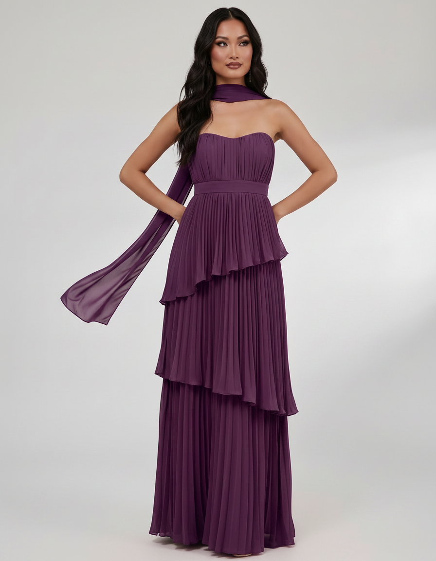 Seraphina Maxi Dress by Lauven — chiffon strapless sweetheart tiered maxi dress
