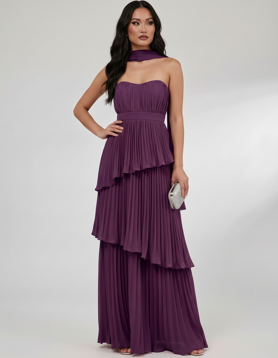 Seraphina Maxi Dress by Lauven — chiffon strapless sweetheart tiered maxi dress