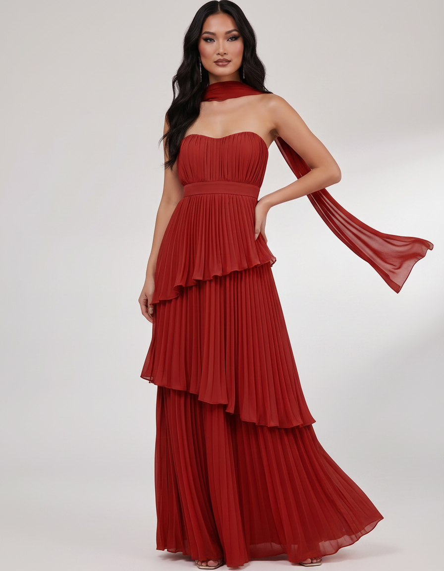 Seraphina Maxi Dress by Lauven — chiffon strapless sweetheart tiered maxi dress