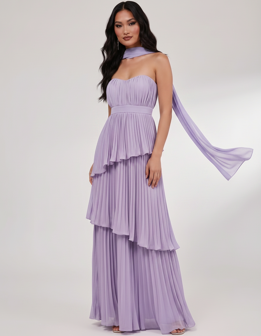 Seraphina Maxi Dress by Lauven — chiffon strapless sweetheart tiered maxi dress