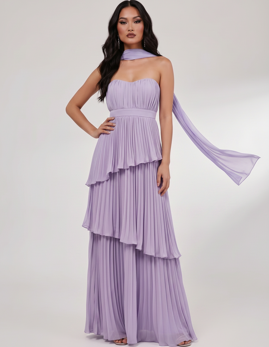 Seraphina Maxi Dress by Lauven — chiffon strapless sweetheart tiered maxi dress