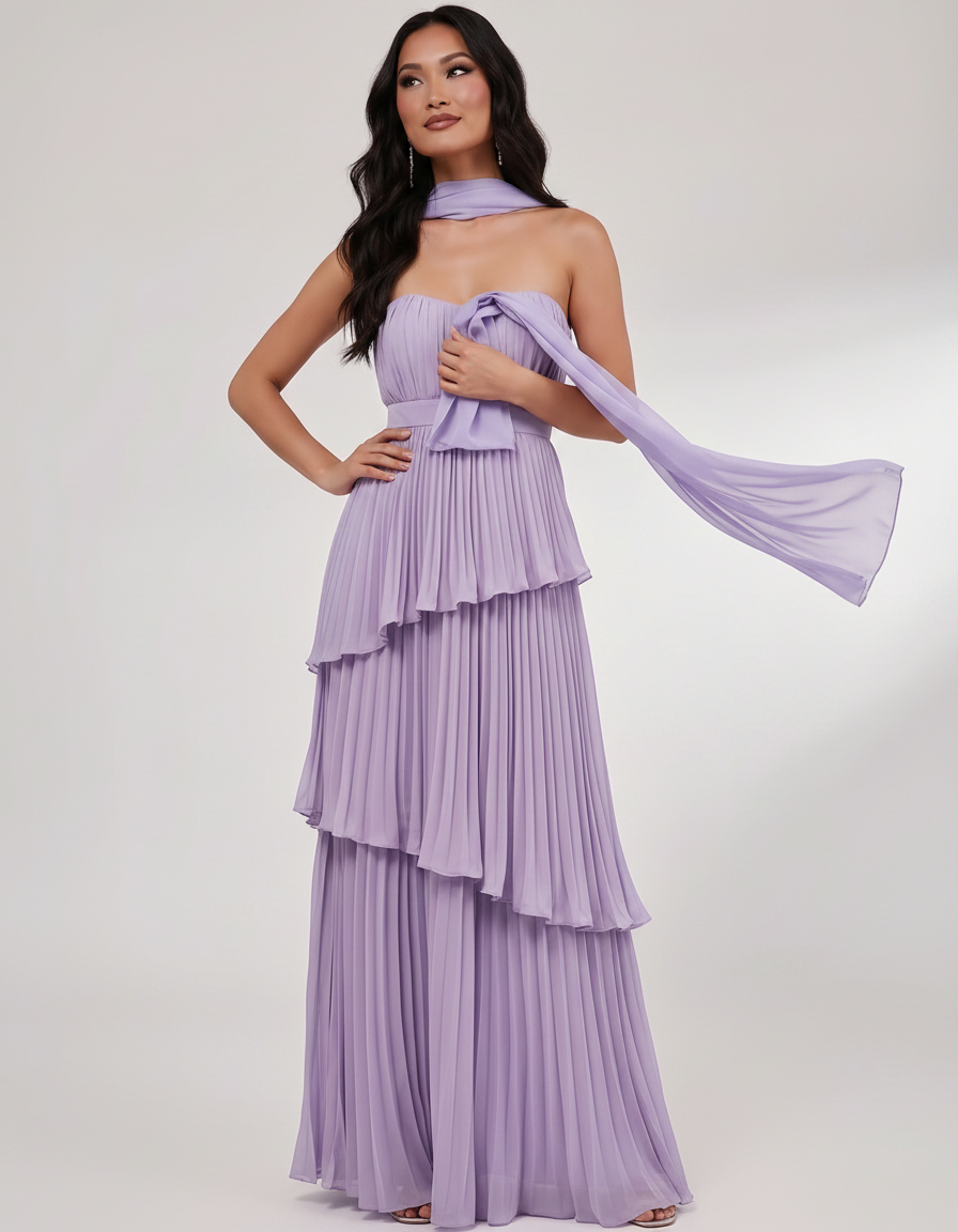 Seraphina Maxi Dress by Lauven — chiffon strapless sweetheart tiered maxi dress