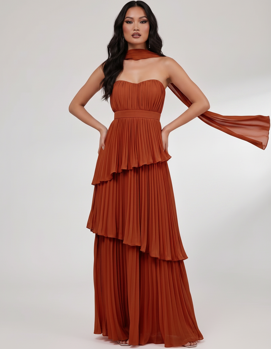 Seraphina Maxi Dress by Lauven — chiffon strapless sweetheart tiered maxi dress