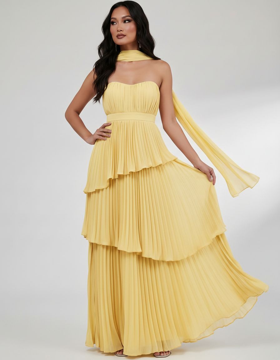 Seraphina Maxi Dress by Lauven — chiffon strapless sweetheart tiered maxi dress