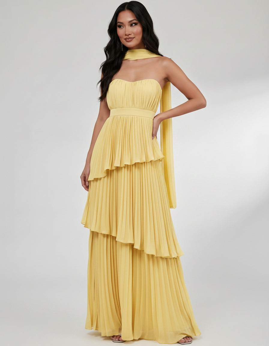 Seraphina Maxi Dress by Lauven — chiffon strapless sweetheart tiered maxi dress