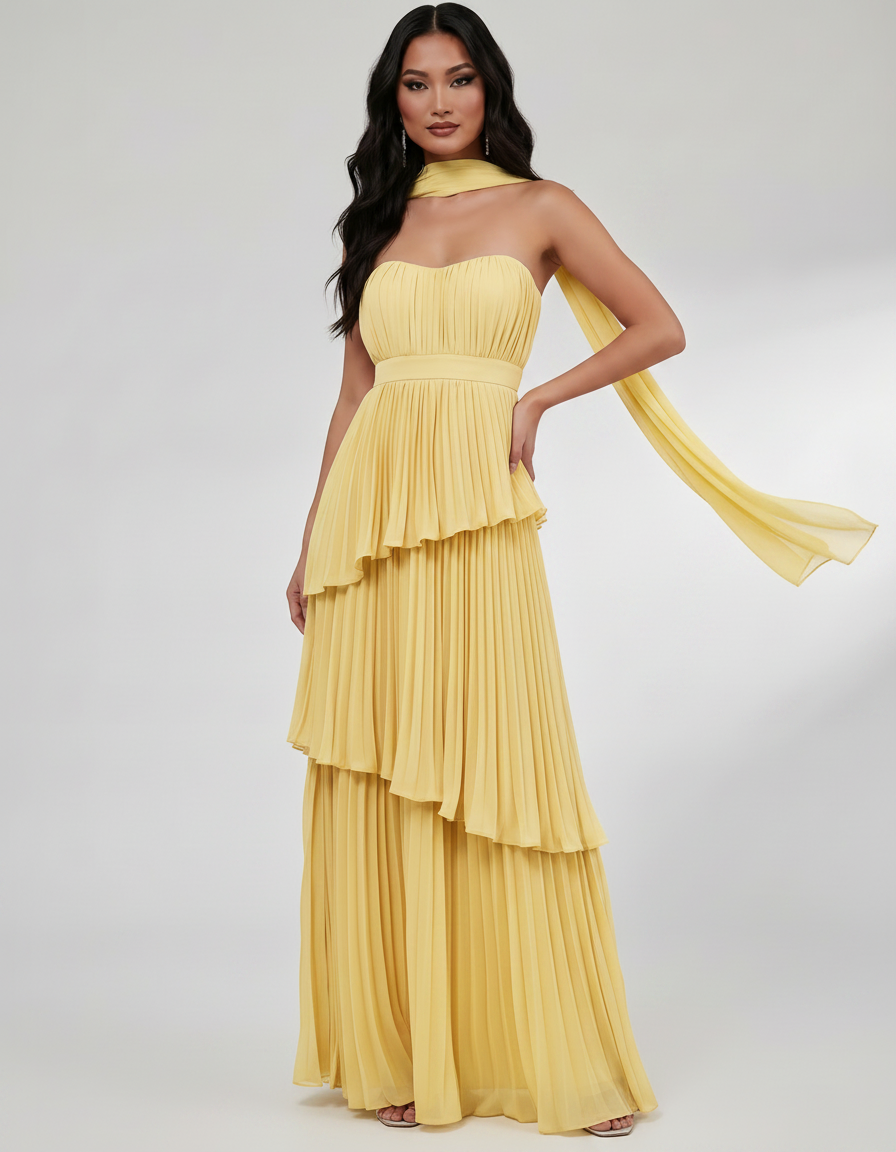 Seraphina Maxi Dress by Lauven — chiffon strapless sweetheart tiered maxi dress