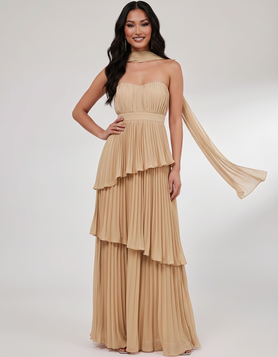 Seraphina Maxi Dress by Lauven — chiffon strapless sweetheart tiered maxi dress