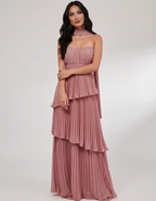 Seraphina Maxi Dress by Lauven — chiffon strapless sweetheart tiered maxi dress