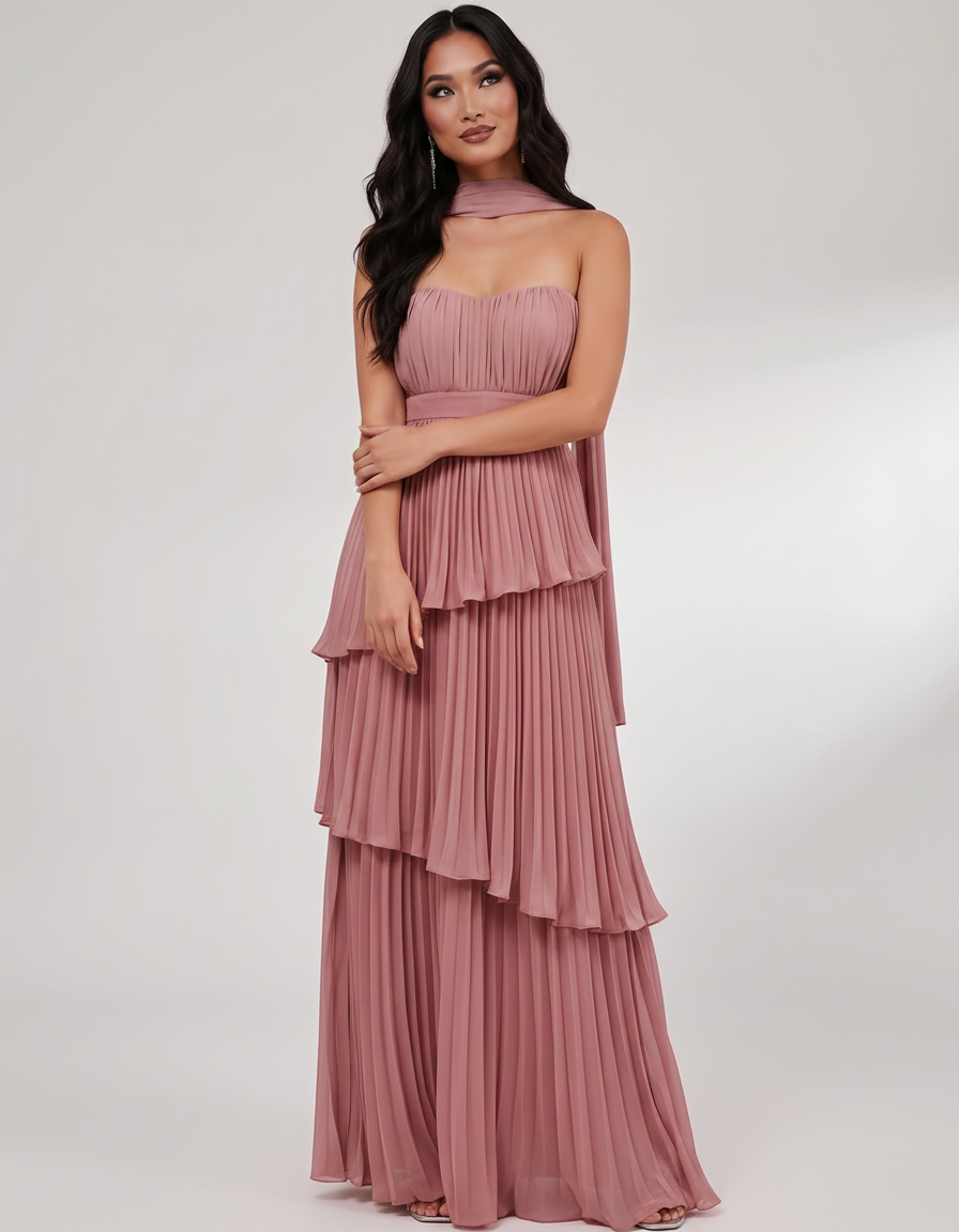 Seraphina Maxi Dress by Lauven — chiffon strapless sweetheart tiered maxi dress