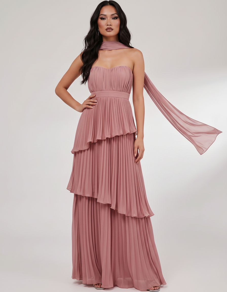 Seraphina Maxi Dress by Lauven — chiffon strapless sweetheart tiered maxi dress