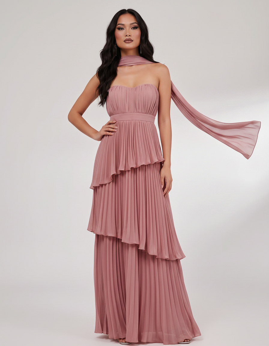 Seraphina Maxi Dress by Lauven — chiffon strapless sweetheart tiered maxi dress