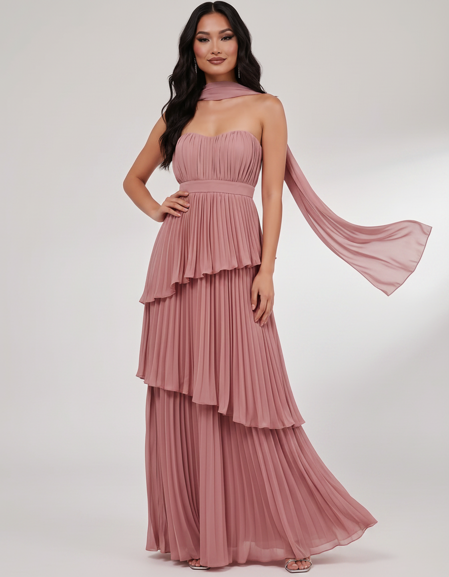 Seraphina Maxi Dress by Lauven — chiffon strapless sweetheart tiered maxi dress