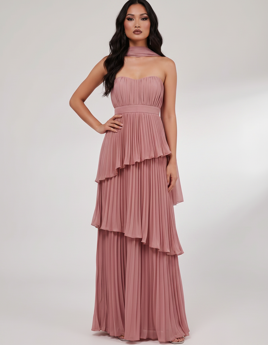 Seraphina Maxi Dress by Lauven — chiffon strapless sweetheart tiered maxi dress