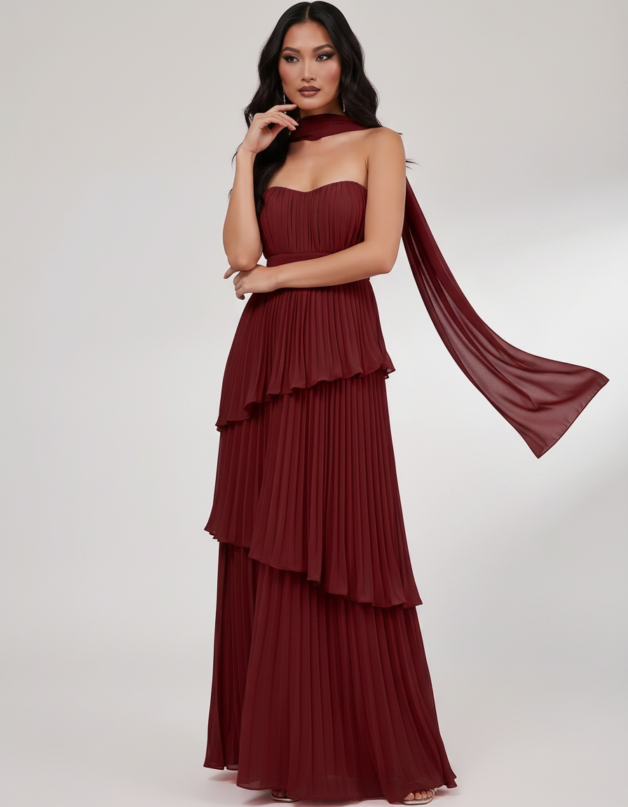 Seraphina Maxi Dress by Lauven — chiffon strapless sweetheart tiered maxi dress