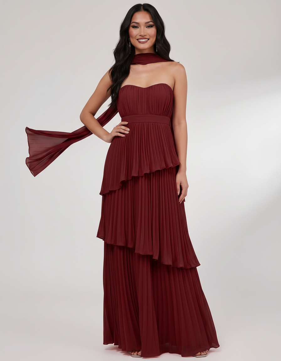 Seraphina Maxi Dress by Lauven — chiffon strapless sweetheart tiered maxi dress