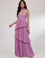 Seraphina Maxi Dress by Lauven — chiffon strapless sweetheart tiered maxi dress