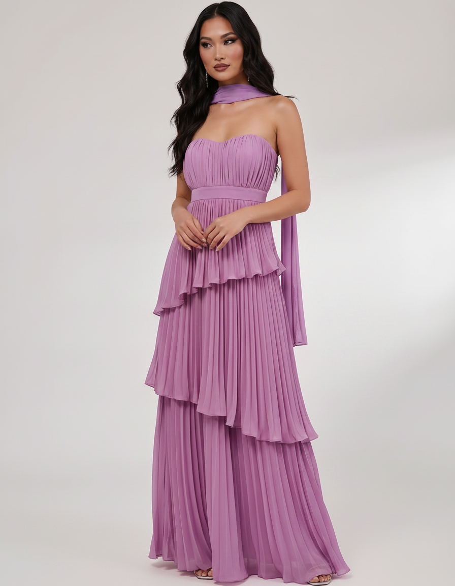 Seraphina Maxi Dress by Lauven — chiffon strapless sweetheart tiered maxi dress