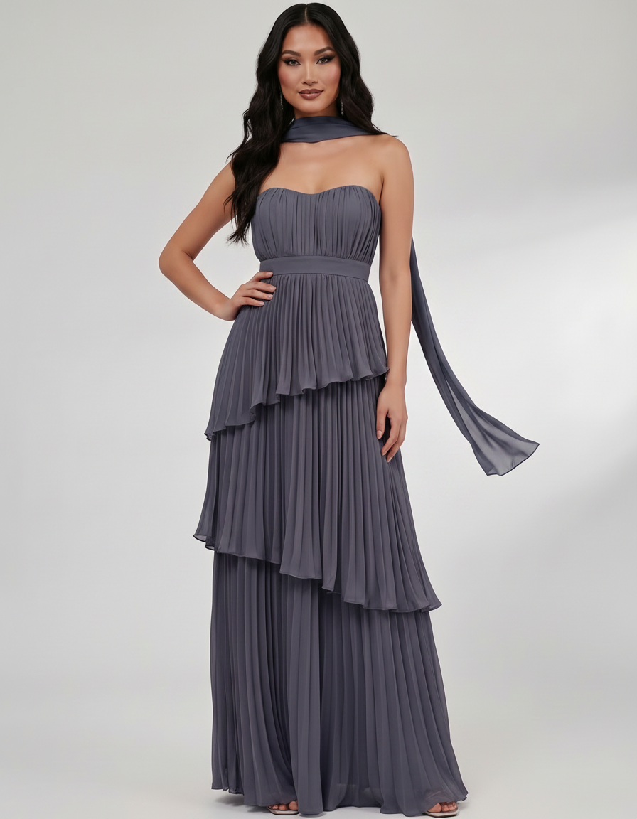Seraphina Maxi Dress by Lauven — chiffon strapless sweetheart tiered maxi dress
