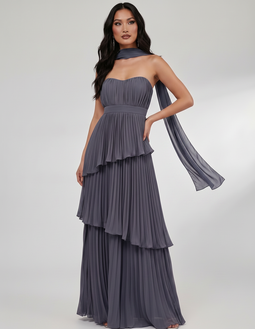 Seraphina Maxi Dress by Lauven — chiffon strapless sweetheart tiered maxi dress