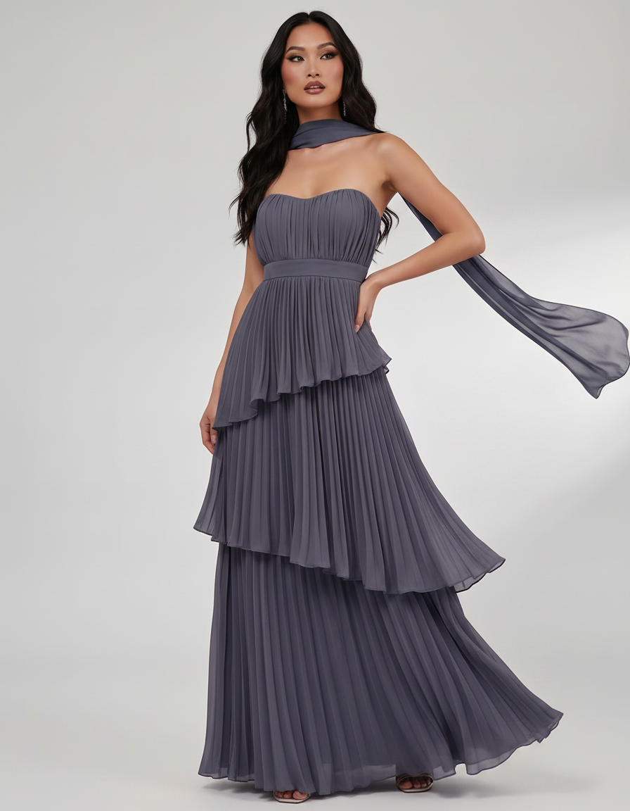 Seraphina Maxi Dress by Lauven — chiffon strapless sweetheart tiered maxi dress