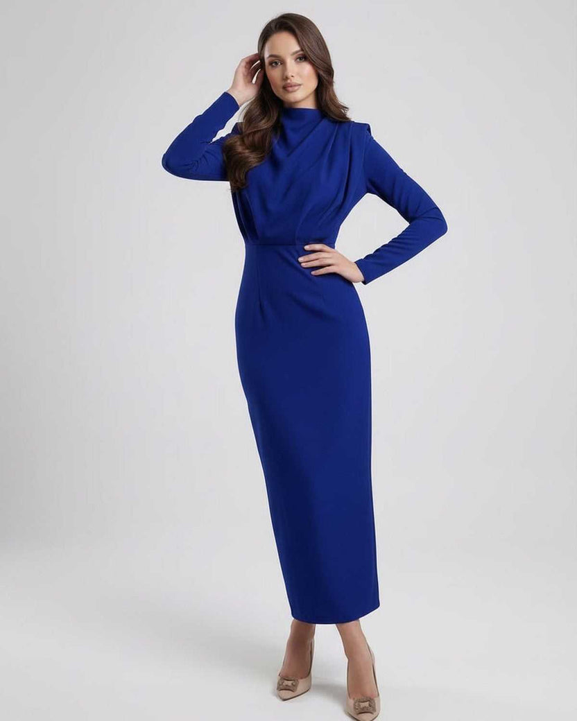 Lauven Indigo Midi Dress with trumpet silhouette and stand neckline in blue, featuring full-length sleeves.