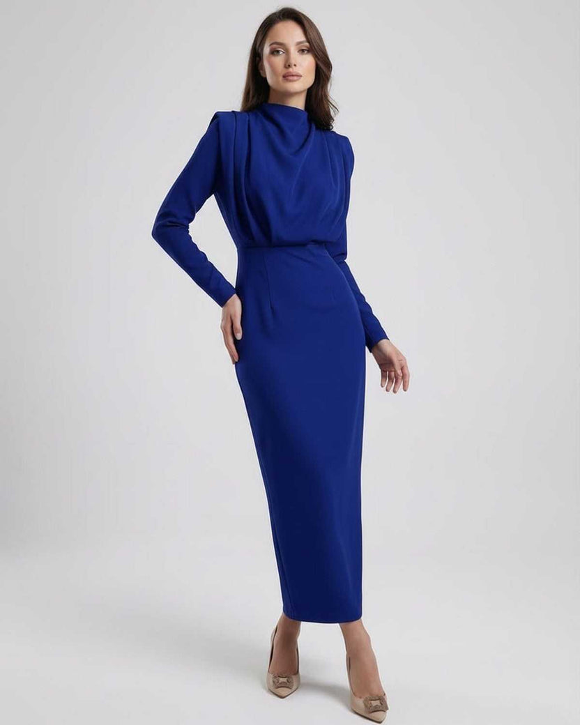 Indigo Midi Dress by Lauven featuring a sleek trumpet silhouette and high stand neckline.