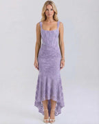 Iris Maxi Dress by Lauven, elegant lavender jacquard dress with square neckline and fish tail hem.