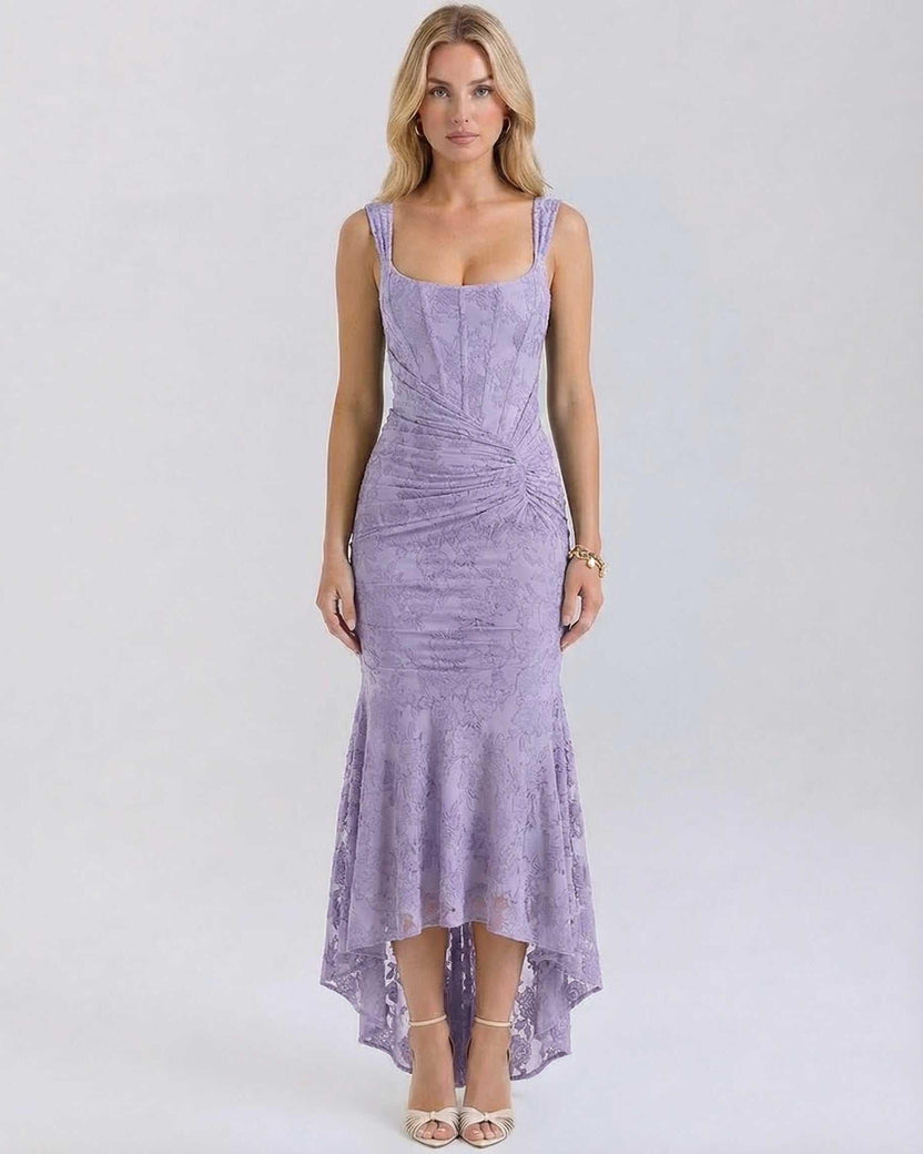 Iris Maxi Dress by Lauven, elegant lavender jacquard dress with square neckline and fish tail hem.