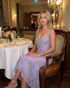 Iris Maxi Dress by Lauven, elegant lavender jacquard dress with square neckline and pleated details.