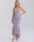 Iris Maxi Dress by Lauven, elegant lavender jacquard dress with square collar and asymmetric hem.