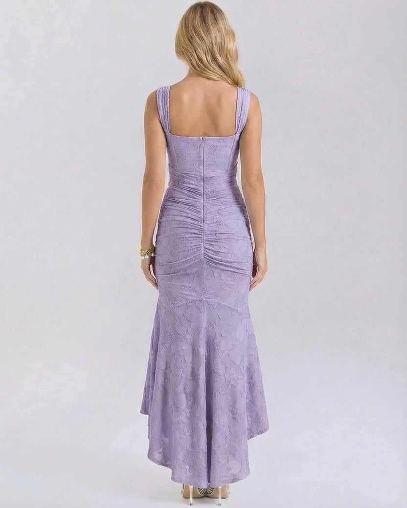 Back view of the Iris Maxi Dress by Lauven, featuring a square neckline and elegant pleated details in lavender.