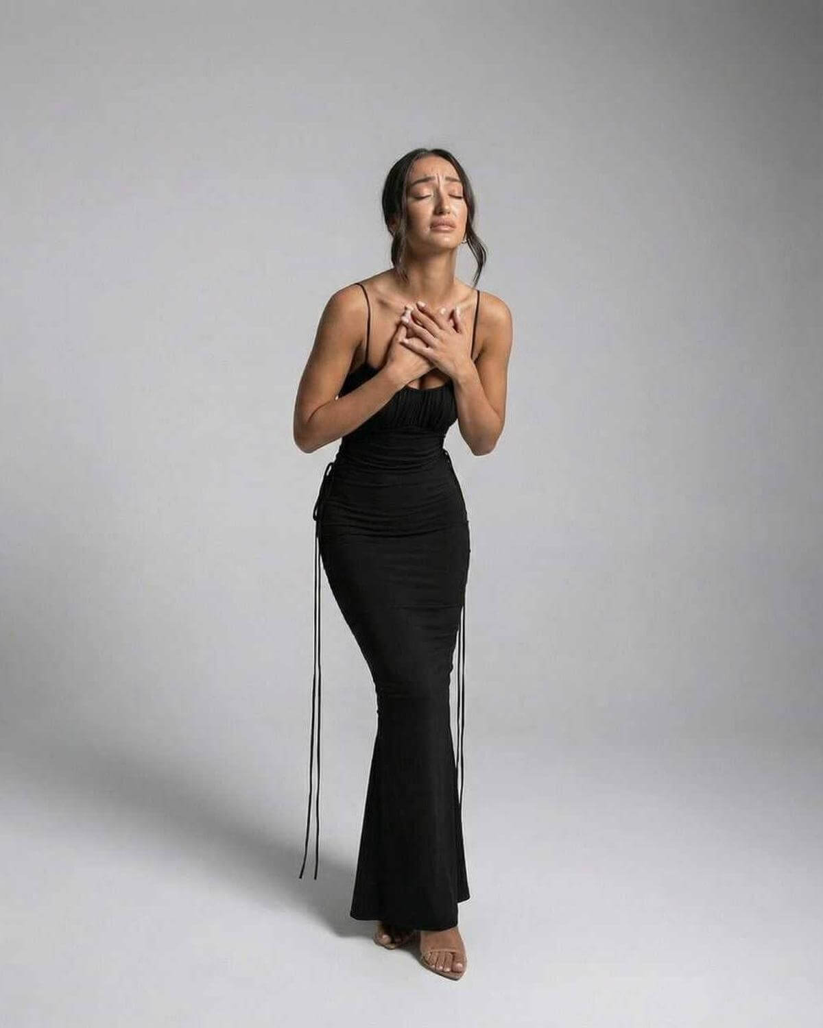 Isla Maxi Dress by Lauven, black sleeveless spaghetti strap sheath dress, elegant slim fit.