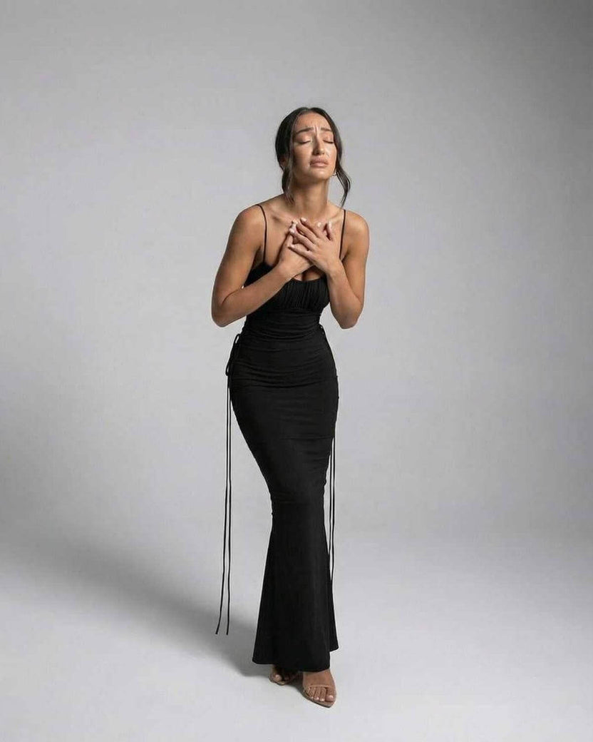 Isla Maxi Dress by Lauven, black sleeveless spaghetti strap sheath dress, elegant slim fit.