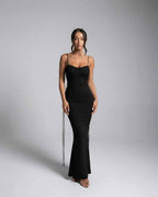 Isla Maxi Dress by Lauven - Black sleeveless spaghetti strap sheath dress with V-neckline.