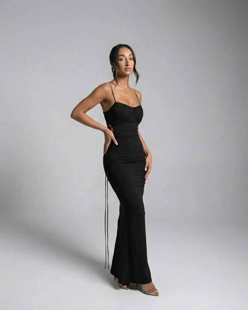 Isla Maxi Dress by Lauven, black sleeveless sheath dress with spaghetti straps and V-neckline.