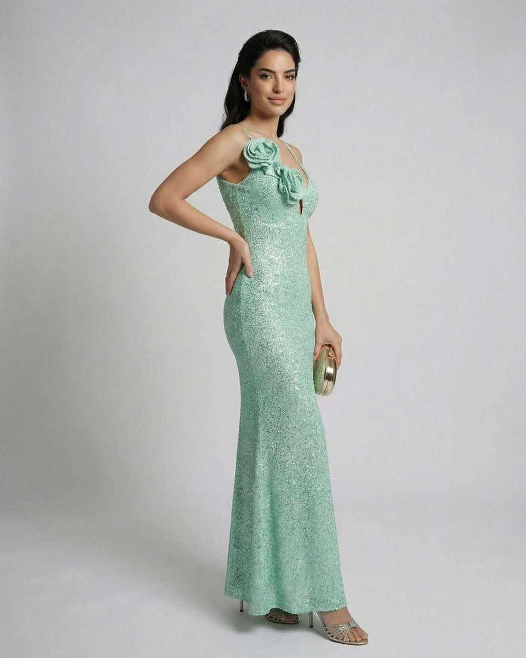 Isla Maxi Dress by Lauven in mint green, showcasing sequin detail and floral accents, perfect for spring events.