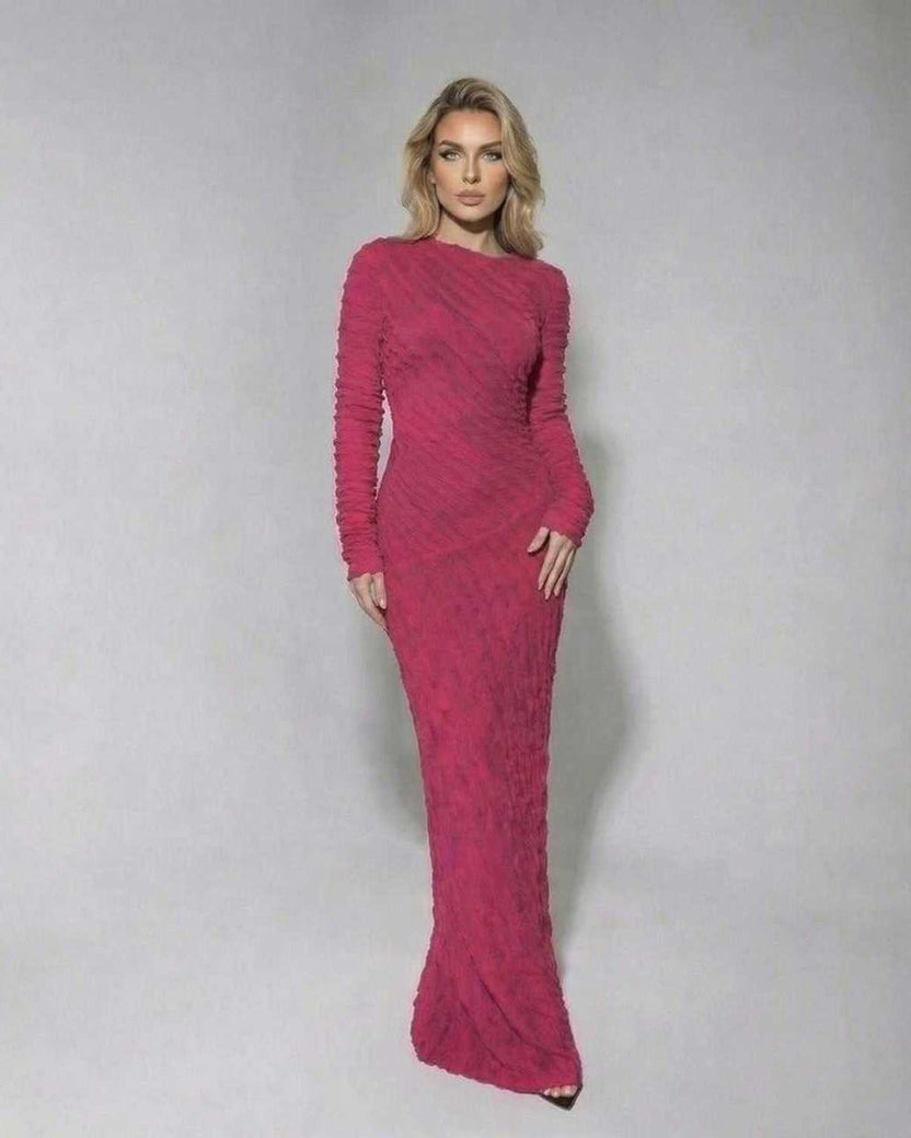 Isla Maxi Dress by Lauven - Textured pink knitted long sleeve maxi dress showcasing a slim fit and vibrant look.