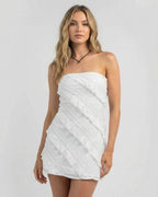 Lauven Isla Mini Dress, elegant strapless sheath dress with ruffle details, perfect for modern style.