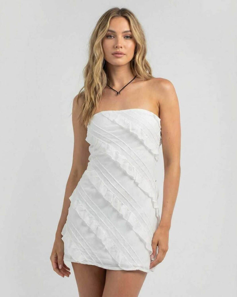 Lauven Isla Mini Dress, elegant strapless sheath dress with ruffle details, perfect for modern style.