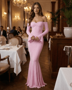 Isolde Maxi Dress by Lauven – Elegant off-the-shoulder lace mermaid dress in pink.