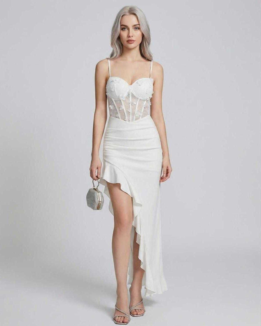 Isolde Maxi Dress by Lauven - Asymmetrical white dress with lace corset bodice and high-low hem.