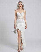 Isolde Maxi Dress by Lauven - Asymmetrical white dress with lace corset bodice and high-low hem.