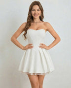 Ivoria Mini Dress by Lauven - Strapless high-waist mini dress with soft volume in white.