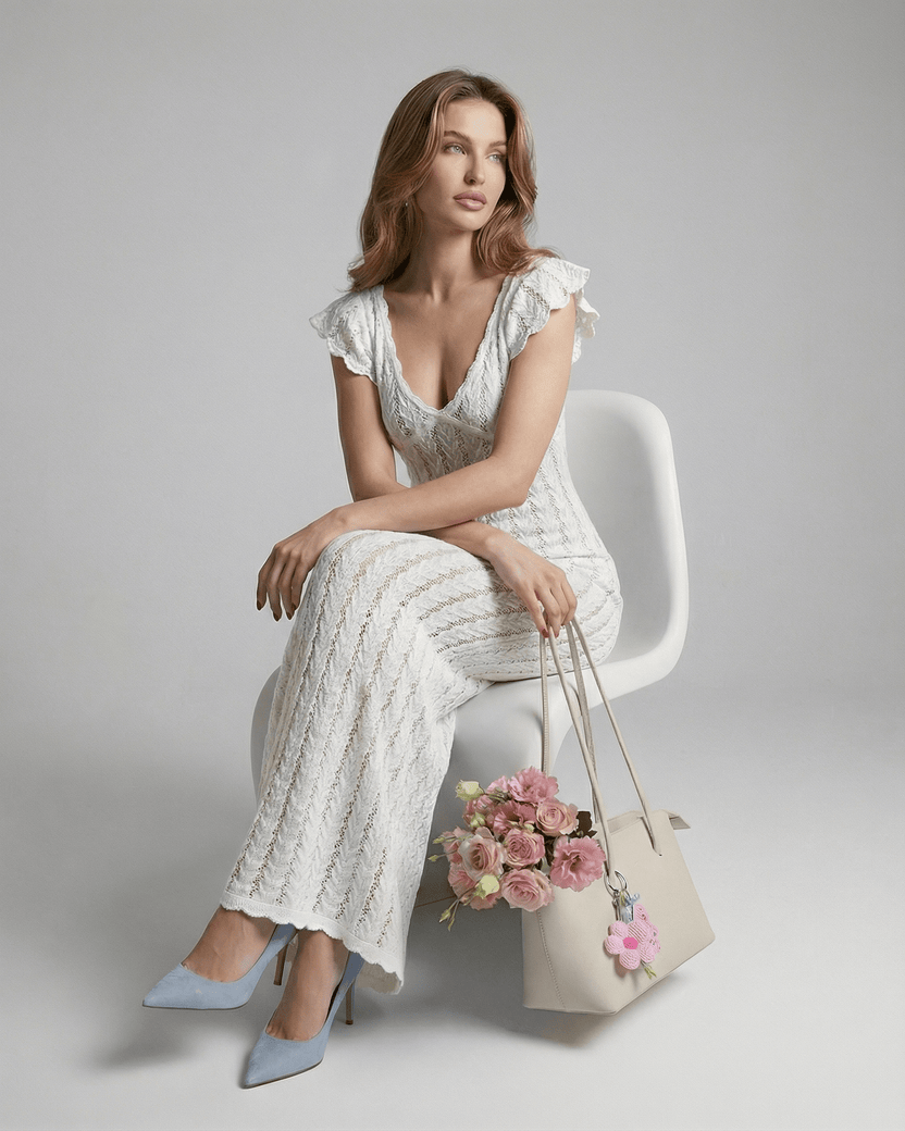 Ivory Lace Maxi by Lauven, elegant white cotton lace bodycon dress with V-neck and ruffle sleeves.