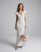 Ivory Lace Maxi dress by Lauven, featuring a V-neckline, ruffle sleeves, and intricate lace detailing.
