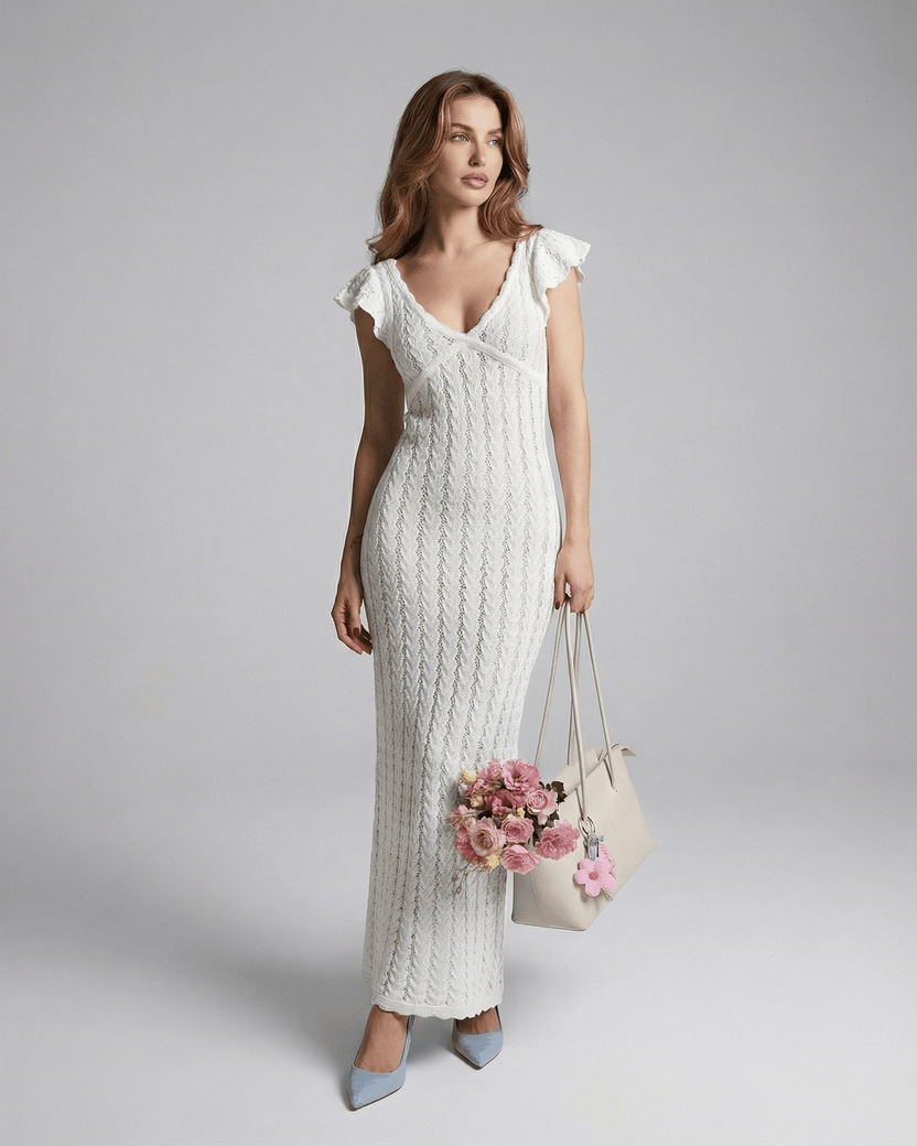 Ivory Lace Maxi dress by Lauven, featuring a V-neckline, ruffle sleeves, and intricate lace detailing.