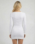 Ivory Mini Dress - Back view of white long sleeve mini dress with lace trim and square neck by Lauven.