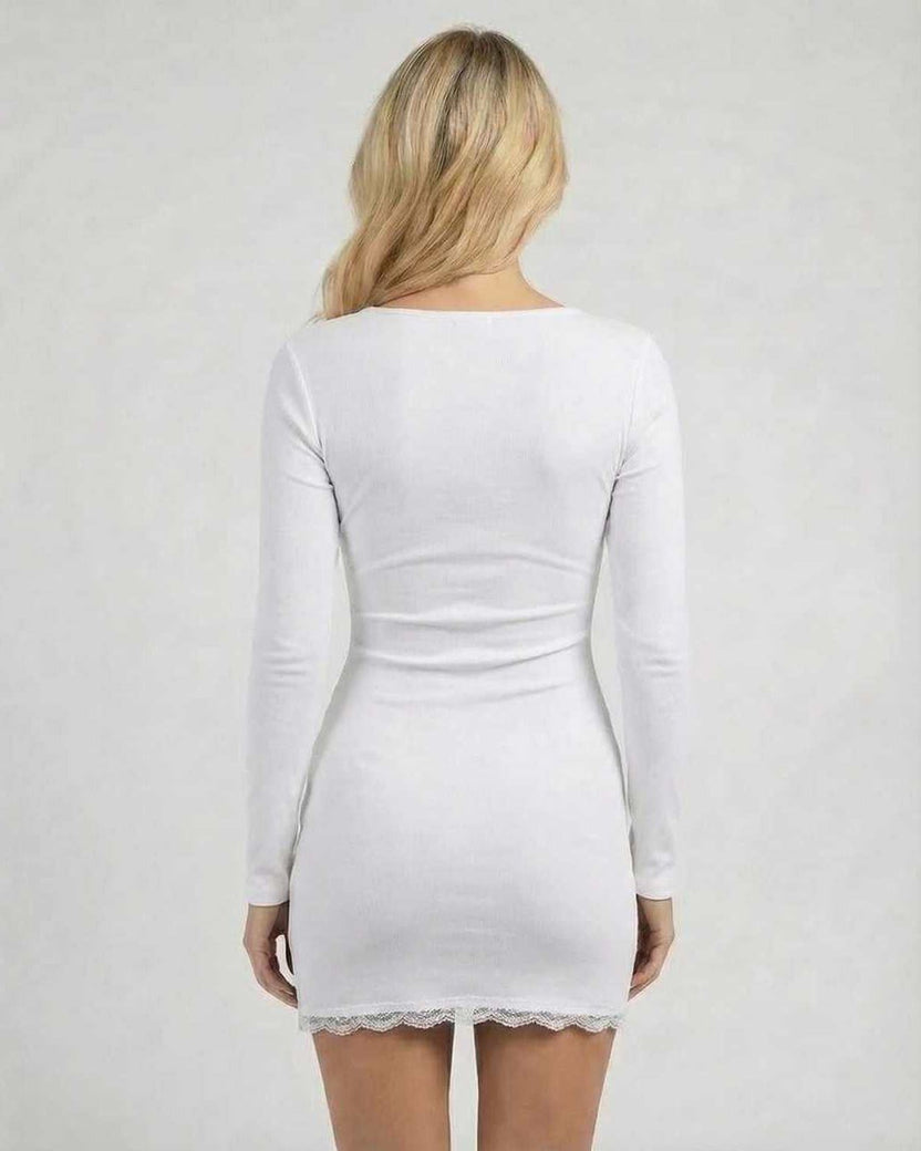 Ivory Mini Dress - Back view of white long sleeve mini dress with lace trim and square neck by Lauven.