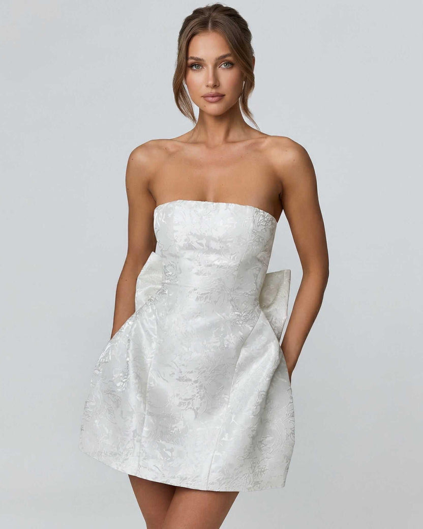 Elegant Ivory Mini Dress by Lauven featuring a strapless neckline and A-line silhouette.