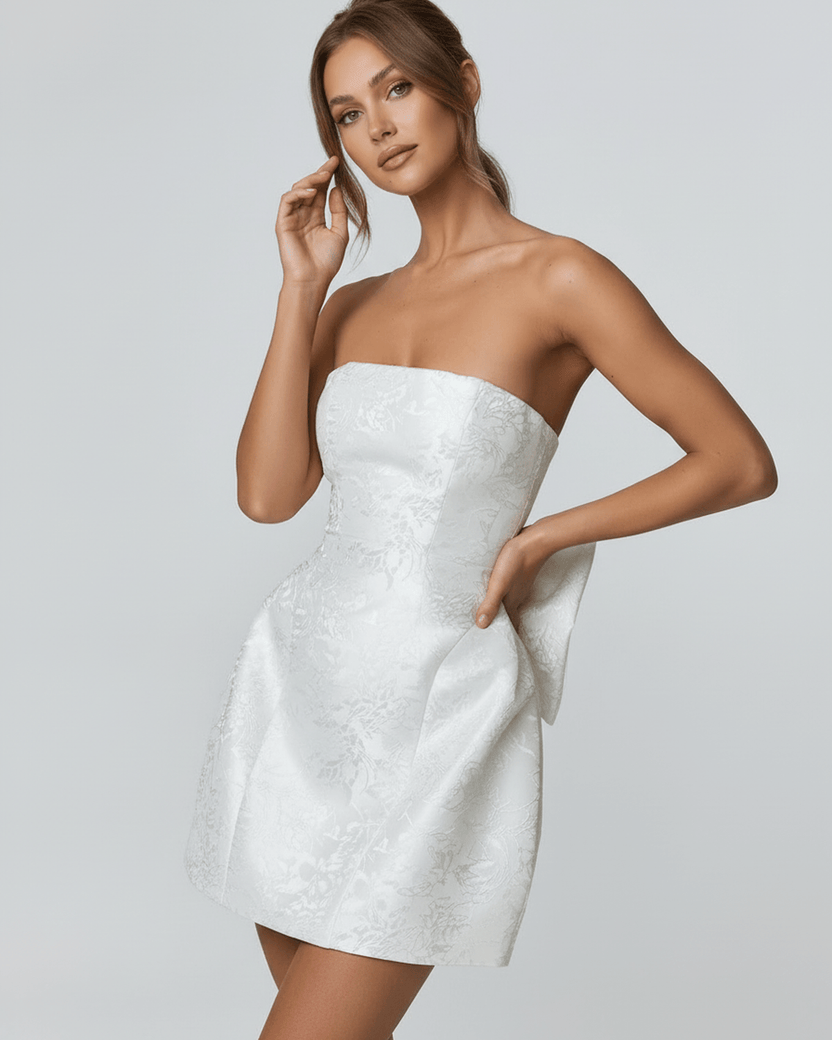 Ivory Mini Dress by Lauven featuring strapless neckline and A-line silhouette, perfect for elegant occasions.